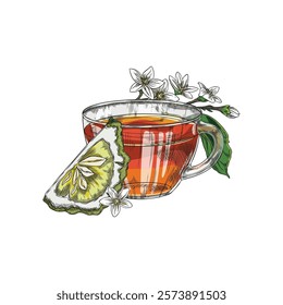 Mug with drink, piece, leaves and flowers of bergamot, hand drawn watercolor illustration. Kaffir lime. Culinary ingredient. Aromatherapy. Engraved style. Isolated background. Vector illustration.