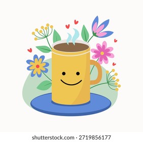Una taza con una bebida. Té, café o cacao en una taza y platillo. Flores, plantas y hojas. Una taza divertida con ojos y una sonrisa. Forma de corazón. Ilustración vectorial, fondo aislado.