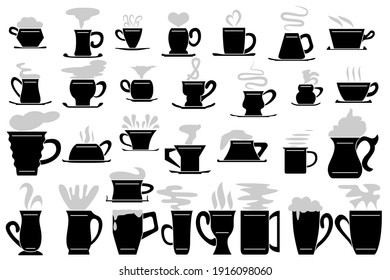 Mug für Getränke - Kaffee, Tee, Kakao, Milch, Bier. Satz von Vektorsymbols einzeln auf Weiß, Silhouette-Stil. Cup für heiße Flüssigkeiten.