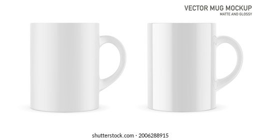 Mug for drinks front view. Vector realistic Matte and glossy mockup. White blank isolated cup. EPS 10