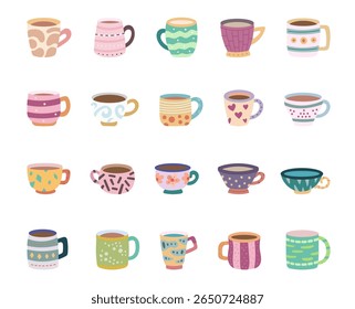 Mug drinkware set in scandinavian style for kitchen and breakfast with ceramic tableware for tea, coffee and hot beverage for your illustration and creative designs projects