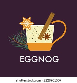 A mug of eggnog with ginger bread, cinnamon stick and pine tree twigs flat vector illustration