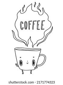 Mug with face. Cute doodle coffee postcard, poster, background. Hand drawn vector illustration.