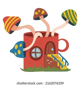 Mug fairy house for gnome and elf vector cartoon illustration isolated on background.