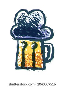 A mug filled with beer. Linocut. Vector illustration. 