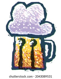 Una taza llena de cerveza. Linocut. Ilustración vectorial. 