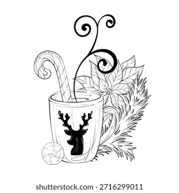 Mug Filled With Candy Cane Leaves and Festive Decoration Intricate Design for Holiday Coloring Activity