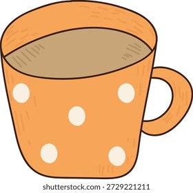 Taza llena de café, mango redondo y lunares grandes dibujados con líneas de boceto a mano. La bebida caliente simboliza la comodidad, el tiempo de descanso y la energía matutina. Ilustración vectorial de dibujos animados.