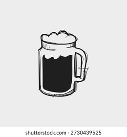 A mug filled with dark beer and a layer of foam sits on a table as people socialize and enjoy drinks together at a bar during the evening.