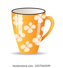 A mug with a floral pattern. The colored cup is isolated on a white background.  Coffee, tea, drinks.  Vector illustration. It can be used in web design, social media, and print.