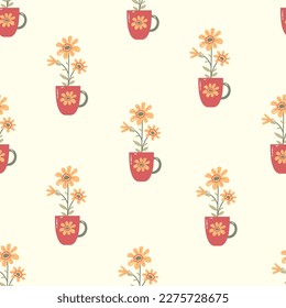 Mug with flowers seamless background. Cute floral pattern with chamomile twig in little cup. Repeat vector illustration with spring or summer daisy in flat style
