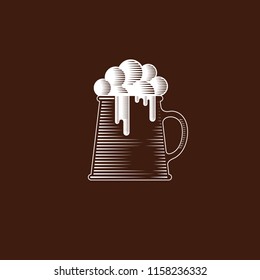 Mug with foam illustration, isolated on a dark background. Craft Beer icon. Engraving style. 