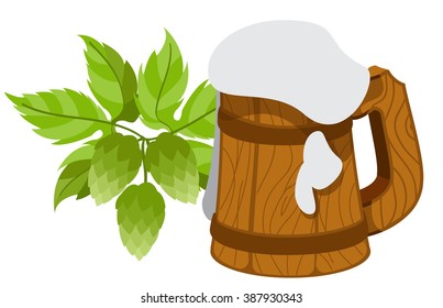 Mug foamy beer and hops branch.