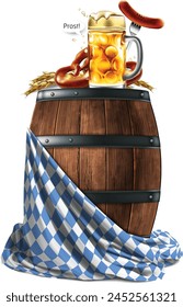 Mug with foamy beer, sausages and pretzels on a wooden barrel. The barrel is draped with fabric with a traditional Bavarian pattern. Very detailed illustration.