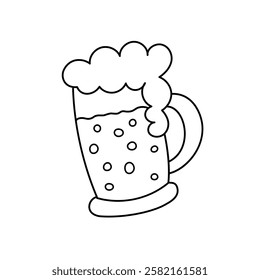 Mug of foamy beer. Vector doodle illustration. Alcoholic drink, beverage. Isolated design element, object. 