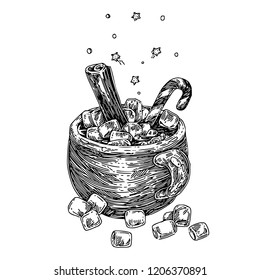 Mug of fragrant cocoa with cinnamon stick, marshmallows and candy. Engraving style. Vector illustration. 