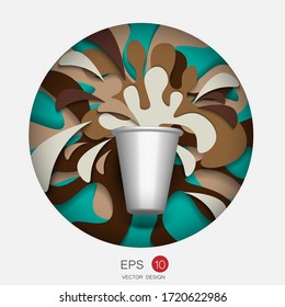 white​ mug  coffee​ and​ coffee​ splash​ in​ paper​ art​ cutting​ inside​ white​ frame 