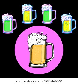 Mug with frothy beer in standard colors and neon tones.