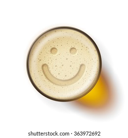 Mug of frothy drink with image of smiling face on frothy surface. Good mood and happiness concept