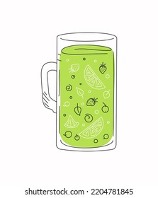 Mug with fruit drink in doodle style. Food and drinks. Fruit juice with lemons, berries, oranges. Vector illustration.