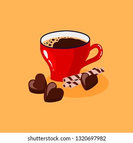 Mug full of coffee with chocolate. Flat vector postcard.