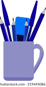 A mug full of pencils and pens, all in various shades of blue. Flat colour.