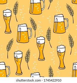 Mug and glass with beer, bubbles, cone on yellow background. Hand drawn vector doodle sketch. Oktoberfest Seamless pattern. For Pub menu, party decor, placemat, t-shirt print and beer themes