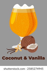 Mug glass of beer with Coconut, Vanilla. For poster, card, banner, discount, special offer, cover, menu, advertising. Vector illustration EPS10 
