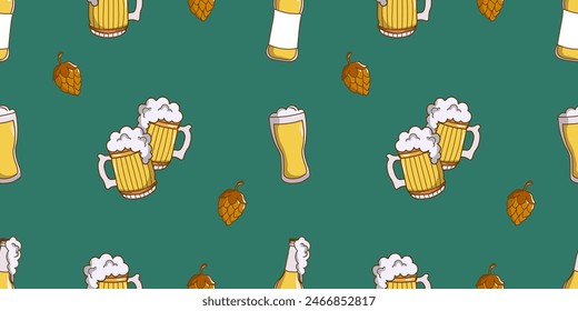 Mug and glass of beer illustration. Cute and seamless pattern on the theme of Beer Day. It can be used for wrapping paper, gift wrapping, textiles, etc.