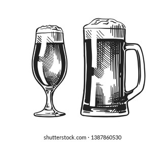 Mug and glass of beer isolated on white background, hand-drawing. Vector vintage engraved illustration.