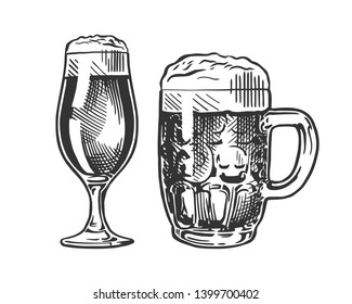 Mug and glass of beer isolated on white background,  hand drawing. Vector vintage engraved illustration.