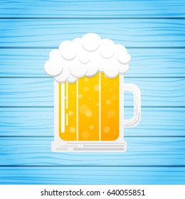 Mug - glass of beer on blue wooden table. Vector.
