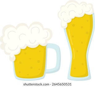 Mug and glass of light beer with foam isolated on white. Hand drawn illustration with alcohol drink