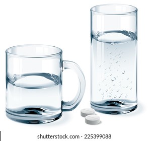 Mug and glass of water isolated on white. One global color for glass and three colors for liquid. Gradients used. No mesh. Eps8. CMYK. Organized by layers. Easy change height of glass.