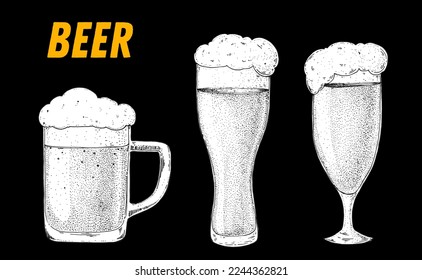 Mug and glasses of beer sketch. Hand drawn vector illustration.