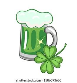 Mug with green beer and clover isolated on a white background. Vector graphics.