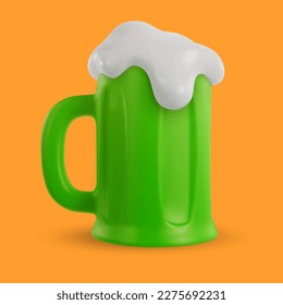 Mug of green beer isolated on colorful background. 3d cartoon vivid illustration in realistic minimal style. Bright modern vector graphic element.