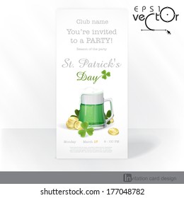 Mug Of Green Beer For St Patrick's Day. Party Invitation Card Design, Template. Vector Illustration. Eps 10.