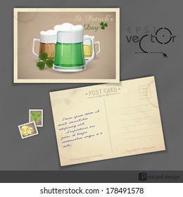 Mug Of Green Beer For St Patrick's Day. Old Postcard Design, Template. Vector Illustration. Eps 10.