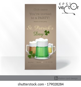 Mug Of Green Beer For St Patrick's Day. Party Invitation Card Design, Template. Vector Illustration. Eps 10.