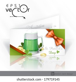 Mug Of Green Beer For St Patrick's Day. Invitation Card Design, Template. Vector Illustration. Eps 10.
