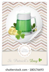 Mug Of Green Beer For St Patrick's Day. Greeting Card Design, Template. Vector Illustration. Eps 10.