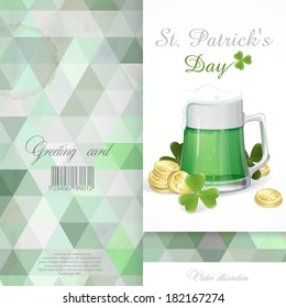 Mug Of Green Beer For St Patrick's Day. Greeting Card Design, Template. Vector Illustration. Eps 10.