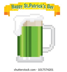 mug with green beer. St.Patrick 's Day greteeng card. Pixel art. Old school computer graphic style. Games elements.