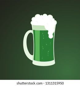 Mug of green beer with white foam - symbol of St Patrick Day in flat style.