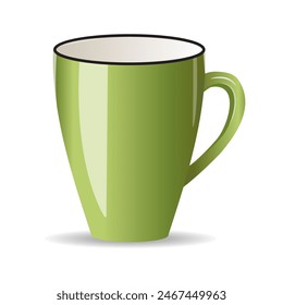 Mug in green color. Color cup isolated on white background. Coffee, tea, drinks. Web design, print, textile, packaging, vector illustration
