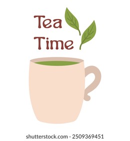 Taza con té verde. Ilustración vectorial de una taza con la inscripción Tea time sobre un fondo blanco.
