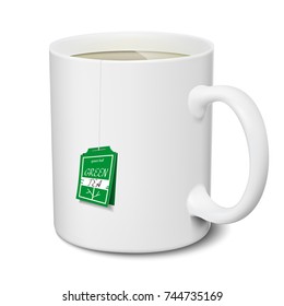 Mug of green tea. White mug realistic isolated 3D mockup on white background. Green tea for Your business project. Vector Illustration
