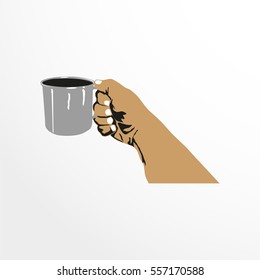 Mug in hand. Color vector illustration.