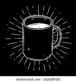 Mug. Hand drawn vector illustration with mug and sunburst.  